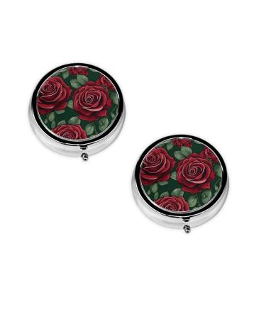 (Red Rose) Round Pill Box 3 Compartment Pill Box Mini Decorative Pocket Purse Portable Travel Medicine Tablet Vitamin Holder Organizer Pill Case