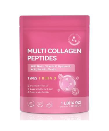 Multi Collagen Peptides Powder Types I II III V X 1 Pounds Unflavored with Biotin Hyaluronic Acid & Vitamin C Keto & Paleo Non-GMO Gluten-Free 1 Pound (Pack of 1)