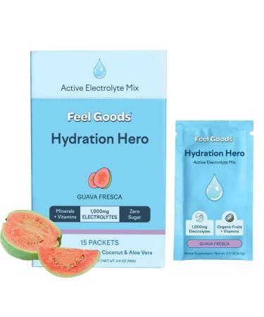 Feel Goods Hydration Hero Electrolytes Powder Sugar Free Organic Coconut Water Magnesium L Theanine Vitamin C & B12 Keto Vegan Non GMO On The Go Electrolyte Packets | Guava Fresca 15 Count Guava Fresca 15 Packets