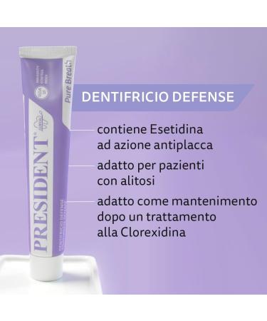  President President 4 x DENTIFRICE DEFENSE Antiplaque Antibacterial Antihalitosis. Ideal for contracting bad breath and as maintenance after shock treatments with chlorhexidine RDA 30. 4x75 ml - Buy Online on GoSupps.com
