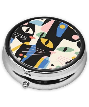 Cute Artistic Cat Portable Metal Pill Box | 3-Compartment Travel Storage | Mini Round Design for Small Pills | Hinged Fastening | Black - Buy Online on GoSupps.com