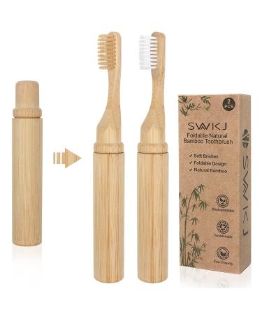 SWKJ Portable Bamboo Toothbrushes 2 Pcs of Organic Natural Folding Bamboo Toothbrush with Soft Bristle Eco-Friendly Toothbrush for Home School Business Trip Travel Camping