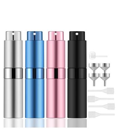 Lil Ray 8ml Portable Mini Perfume Atomizer(4 PCS),Refillable Empty Small Spray Bottle for Travel, Twist Tpye Pocket Cologne Sprayer (Matte Black, Pink, Blue, Silver) 4 Colors