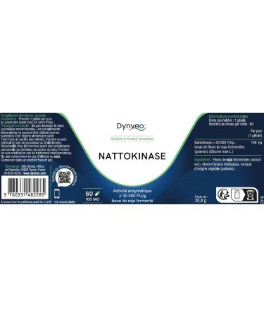 Nattokinase with high enzymatic activity 20 000 FU/g - Plant origin from soybeans non-GMO - 100 mg / 60 vegetable capsules (pullulan) - vitamin K2 free. Dynveo - Buy Online on GoSupps.com