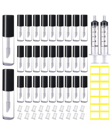 AMORIX 50PCS Mini Lip Gloss Tubes with Wand 1.2ml Empty Containers Clear Refillable Travel Lip Balm Bottles for Samples with 5ml Syringes DIY Lip Gloss Base + Tag Labels Stickers (Black) 50PCS - Black
