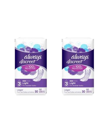 Always Discreet, Incontinence Light Pads, 3 Drops - 30 Pads each (Value Pack of 2)