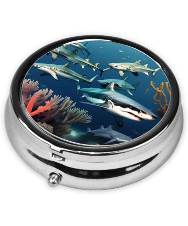 Sharks Under The Sea Round Pill Box Organizer 3 Compartment Portable Travel Pill Box for Easy Medication Management | International Shipping Available - Buy Online on GoSupps.com
