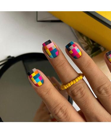 Mosaic Press on Nails Short Square Fake Nails with Glue on Nails Colorful Full Cover Reusable Acrylic Matte False Nails Design Coffin Artificial Nails Stick on Nails for Women Manicure Decoration