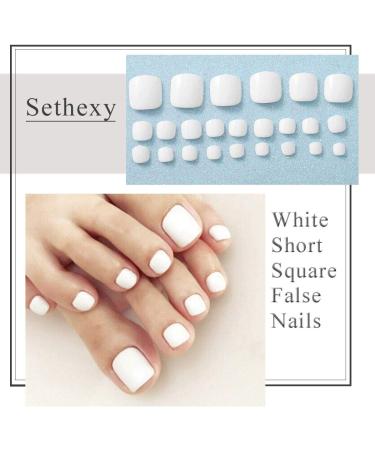 Sethexy Solid Color Glossy False Toe Nails - White Square Short Full Cover 24PCS Fake ToeNails for Women and Girls - Buy Online on GoSupps.com