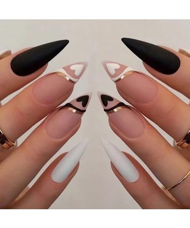 Stiletto Fake Nails 24Pcs Pink French False Nails Press on Nails with Swirl and Heart Pattern Almond Black White Nail Tips with Nail Glue Stick on Nails for Women Girls Nails Art Stiletto Heart