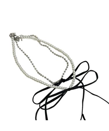 Oralgos vintage Bowknot necklace Elegant pearl pearls double -layer choker aesthetic collarbone chain fashion necklace imitation pearls