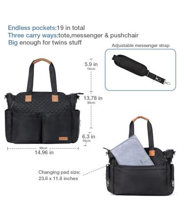 Lekebaby Large Black Quilted Baby Diaper Bag with Changing Mat | Travel Messenger Bag for Moms - Buy Online on GoSupps.com