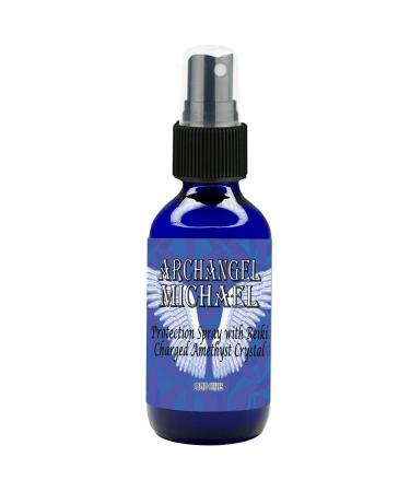 Archangel Michael Sacred Spray with Reiki Charged Amethyst Crystal (2 oz) - High Frequency Essential Oil Blend Includes Palo Santo Angelica & Blue Cypress in Glass Bottle