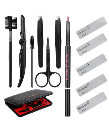 SENXILLER Eyebrow Kit Razor Pencil Brush Stencil Scissors Tweezers Grooming Kit with Mirror for Men and Women