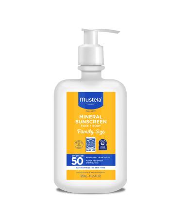 Mustela Baby Mineral Sunscreen Lotion SPF 50 Broad Spectrum - Face & Body Sun Lotion for Sensitive Skin - Non-Nano, Water Resistant & Fragrance Free - Regular & Family Size Family Size (11 Fl Oz)