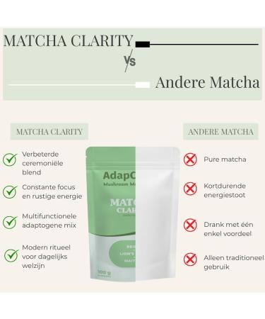 AdapCoffee Matcha Clarity Ceremonial Matcha with Adaptogenic Mushrooms Lions Mane Reishi & Maitake Natural Energy & Concentration Vegan No Added Sugars 25 Cups 100g - Buy Online on GoSupps.com