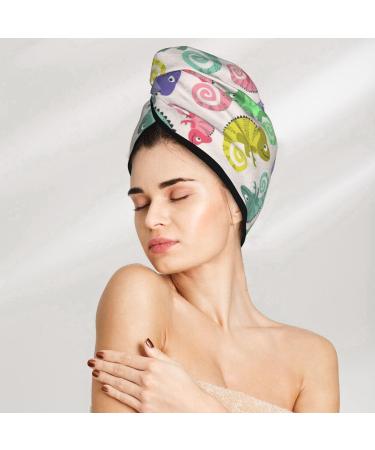 Hair Towel Wrap - Quick Drying Towel Turban with Button | Cute Chameleons Design for Fast Hair Drying - Buy Online on GoSupps.com