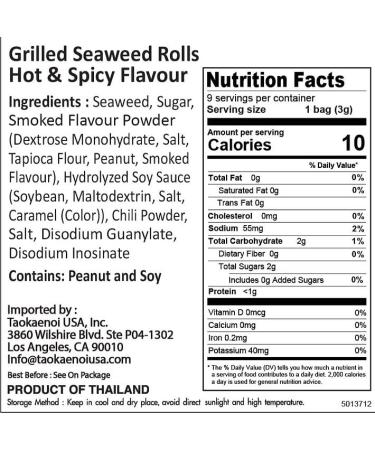 Tao Kae Noi Big Roll Grilled Seaweed Snacks - Spicy Flavor, Healthy Nori Sheet Rolls for Kids and Adults (6 pack, 3g Bags) - Buy Online on GoSupps.com