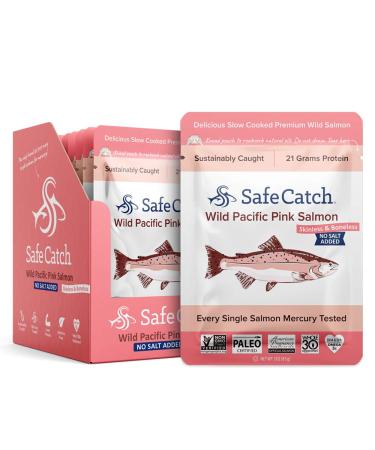 Safe Catch Skinless and Boneless Wild Pacific Pink Salmon Pouch, No Salt Added, Mercury Tested, Kosher, 3oz Pouches, Pack of 12