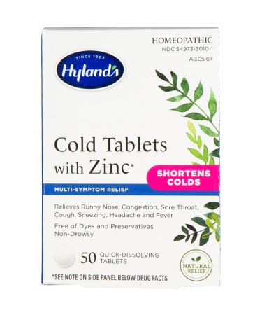 Hyland's Cold Medicine with Zinc, Decongestant and Sore Throat Relief, Homeopathic for Adults, 50 Count Adult Cold Tablets with Zinc