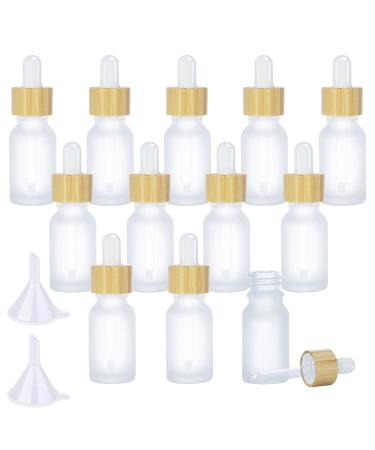 MODOWEY 12Pcs 15ml Frosted Glass Dropper Bottles, Eco-friendly Essential Oil Bottles With Eye Dropper and Bamboo Lids, Refillable Essence Liquid Cosmetic Containers and 2 Pieces Funnel (15ML)