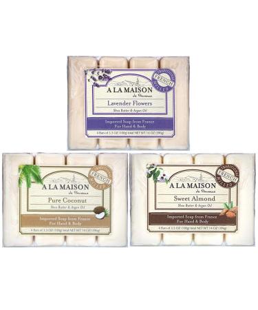A LA MAISON de Provence Bar Soap | Lavender Flowers Pure Coconut & Sweet Almond Scent | French Milled Moisturizing Natural Hand and Body Soap | 8.8 Oz each (3 Pack)