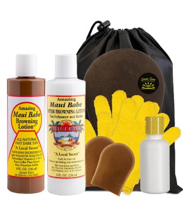 Maui Babe Browning & After Browning Lotion 8oz Deluxe Package - Outdoor Tanner & After Sun Enhancer Lotion Kit with Travel Bottle & Exfoliation Gloves - Buy Online on GoSupps.com