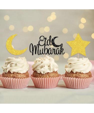 6 Pcs Eid Mubarak Cupcake Toppers Gold Black Glitter Moon Star Eid Mubarak Cupcake Toppers Eid Cake Toppers Eid Cupcake Charms Eid Cake Decorations UK.