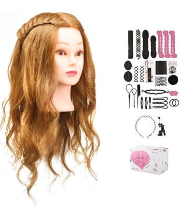 Mcwdoit Hairdressing Gold 70% Real Hair Hairdressing Training Head Practice Hairdressing Training Head with Holder and Hair Styling