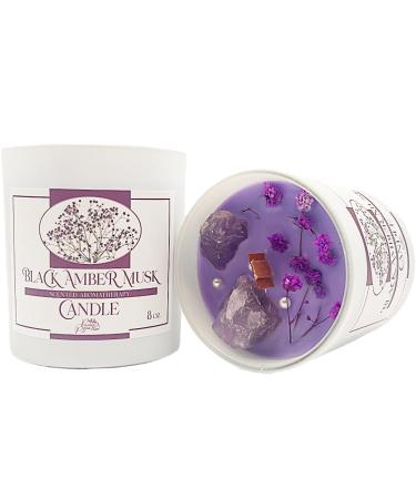 Scented Candles Gifts for Women Non-Toxic Amber 8% Scented Candle with 2 Healing Crystals & 1 Wooden Wick in Cute Glass Jar Aromatherapy Stress Relief Candle 50hr Burn Time (Amber/Amethyst 8 OZ)