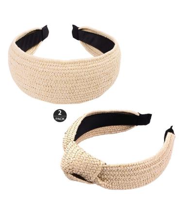 ZOSTLAND Braid Straw Wide Headbands Knot Turban Soft Elastic Headwear Sweet Styling Tools Hair Hoop for Women and Girls (2pcs Beige)