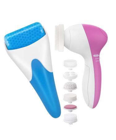 Electric Facial Cleansing Brush with Ice Roller for Face: Facial Spin Brush Comes with 5 Attachements for Cleansing and Massaging - Ice Face Roller Cools and Soothes Face