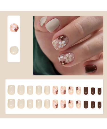 24Pcs Fall Fake Nails - Short Press On Square Acrylic Nails | Autumn Winter Maillard Color & Floral Design for Girls - Buy Online on GoSupps.com