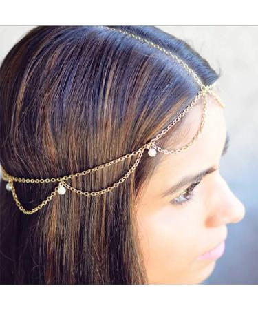 Brinote Boho Pearl Head Chain JewelryTassel Layered Headband Dangle Beaded Headpiece Gypsy Hair Accessories for Women and Girls (Gold)