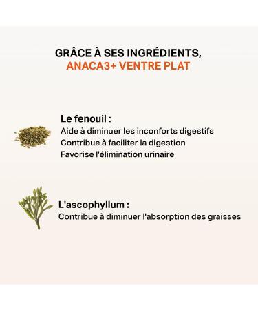 ANACA 3 + - Flat Stomach - Food Supplement - Reinforced Dosages - Digestion(1) & Fat Absorption(2) - Fennel & Ascophyllum - 30 Day Slimming Program - Made in France - 120 Capsules - Buy Online on GoSupps.com