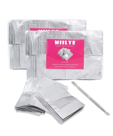 MIILYE Nail Remover Foil Wraps for Acrylic/UV/Gel Polish Soak-off Removal, with Pre-attached Lint Free Pad, Pack of 200 Wraps + 1x Stainless Steel Nail Manicure Remover Scraper Cuticle Pusher Kit