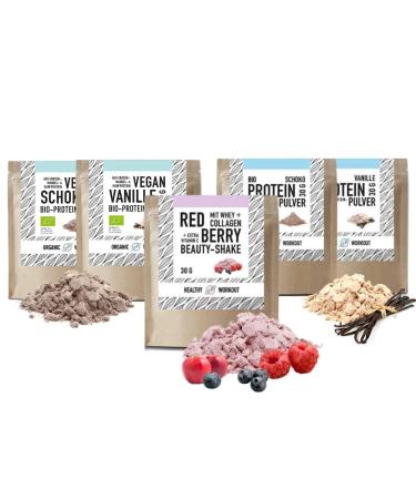 Organic protein powder - from whey concentrate - chocolate berries with collages vanilla vanilla vegan chocolate vegan sweetened with erythrot - various varieties 5x30g