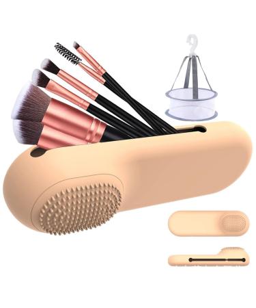 Kicpot Travel Makeup Brush Holder Silicon Makeup Brush bag and Drying net Soft and Sleek Makeup Tools Organizer for Travel(Brown)