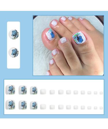 24Pcs French Square Butterfly False Toenails Glossy White Press on Toenails Stick on Toenails Short Acrylic Full Cover Artificial Summer Fake Toenails for Women and Girls Daily Decorations Butterfly Toenails - Buy Online on GoSupps.com