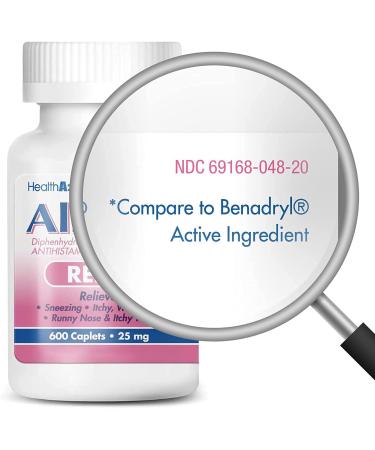 HealthA2Z Allergy Relief 600 Caplets | Diphenhydramine HCL 25mg Antihistamine for Itchy Throat, Sneezing, Runny Noses | Indoor & Outdoor Allergies Relief for Adults & Children - Buy Online on GoSupps.com