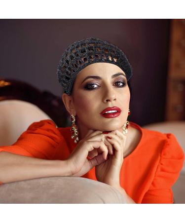 Uyeesi 2 Pcs Mesh Crochet Hair Net Cap - Rayon Hair Snood Hat for Women, Black Blue - Buy Online on GoSupps.com