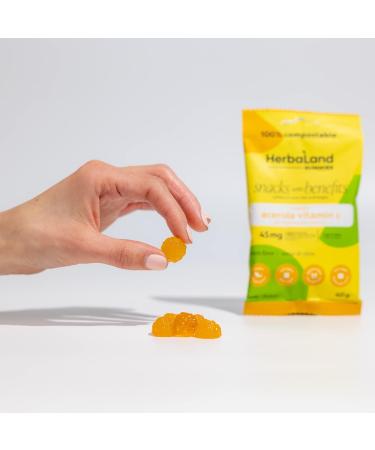 Herbaland Acerola Vit C Gummies Snacks with Benefits Vegan Low-Sugar High-Fiber Gluten-Free 45mg of Vitamin C From Organic Acerola & 10g of Organic Tapioca Fiber Per Pouch Lemon Flavor 12 x 40g (Box of 12) Compostable Pouch - Buy Online on GoSupps.com