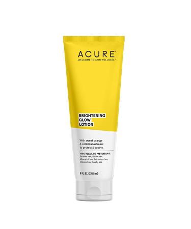Acure Brightening Glow Lotion, 100% Vegan, For A Brighter Appearance, Sweet Orange & Colloidal Oatmeal - Protects & Soothes, All Skin Types, Yellow, 8 Fl Oz