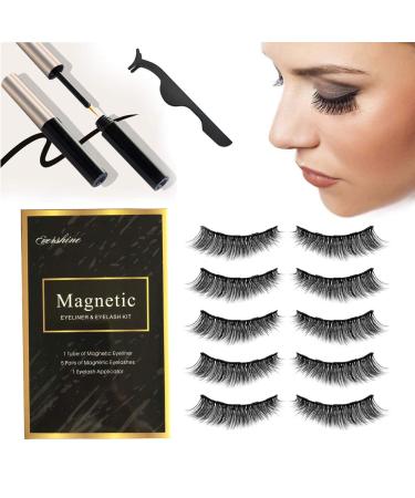 Magnetic Eyeliner and Lashes Magnetic Eyeliner Kit Natural Full Eye Magnet Eyelashes 5 Magnets Ultra-thin Reusable with Stainless Steel Tweezers (5 pairs) (Black)