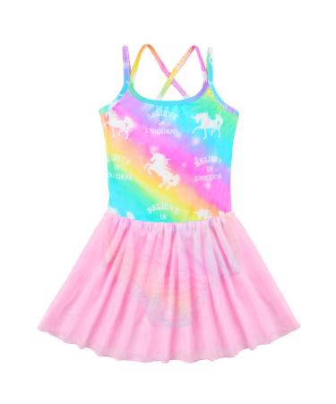 Nidoul Kid Girls Gymnastics Skirted Leotards Ballet Dance Dress Unicorn Rainbow Tutu Camisole Skirt Pink 5-6 Years