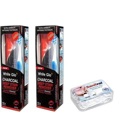 White Glo Charcoal Toothpaste 100ml Pack of 2 with 50 Sanitral Floss Sticks Included as a Gift - Buy Online on GoSupps.com