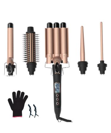 ICHU 25mm Curling Wand 5-in-1 Curling Wand Set with LCD Screen Hair Waver 5-in-1 Hair Curler Set Hair Curling Iron Wand Hair Straightening Brush Hair Waver Adjustable LCD Temp Display Hair Styling