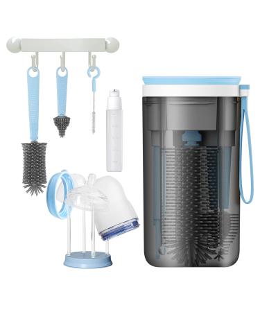 Orzbow 6 in 1 Baby Bottle Brush Set BPA-Free Travel Bottle Cleaner Kit with Nipple Brush Soap Dispenser Straw Brush Magnetic Drying Rack Easy to Access for New Parents (Blue)