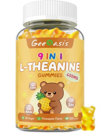 Geeoasis L-theanine 400mg Gummies l theanine Supplement for Kids & Adults 9 in 1 High Absorption Theanine Complex for Stress & Focus Support Pineapple Flavor 60 Count