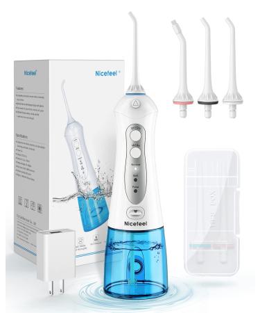 Cordless Water Flosser Teeth Cleaner, Nicefeel 300ML 2 Tip Cases Portable and USB Rechargeable Oral Irrigator for Travel, IPX7 Waterproof, 3-Mode Water Flossing with 4 Jet Tips for Home White